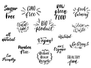 Vector eco and organic food restaurant badge or sign. Fresh farm product menu template. Hand drawn lettering sign for locally grown vegetarian food market.
