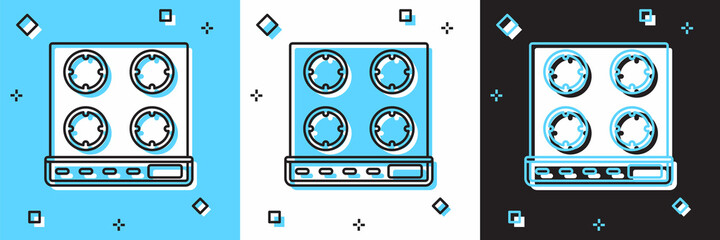 Set Gas stove icon isolated on blue and white, black background. Cooktop sign. Hob with four circle burners. Vector