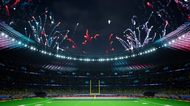 American football night stadium with fans iilluminated by colorful firework. High quality 4k footage