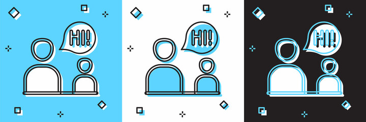 Set Two sitting men talking icon isolated on blue and white, black background. Speech bubble chat. Message icon. Communication or comment chat symbol. Vector