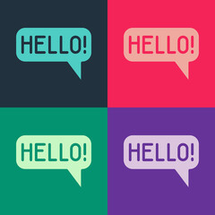 Pop art Hello in different languages icon isolated on color background. Speech bubbles. Vector