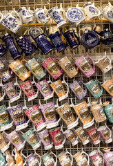 KARLOVY VARY, CZECH REPUBLIC - OCTOBER 10, 2019: Outdoor market souvenir store display in Karlovy Vary with different mugs for mineral water