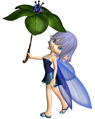 Cute Toon Umbrella Fairy in Blue, 3d digitally rendered fantasy illustration