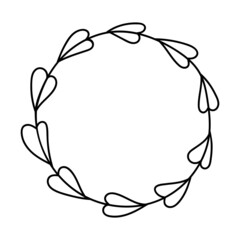 Doodle wreath, round frame, contour template, Single decorative element, for text, logo