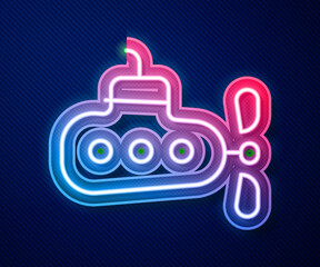 Glowing neon line Submarine icon isolated on blue background. Military ship. Vector