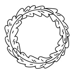 Doodle wreath, round frame, contour pattern, decor with leaves, natural design