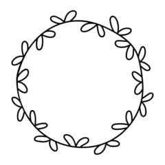 Doodle wreath, round frame, contour pattern, decor with leaves, natural design