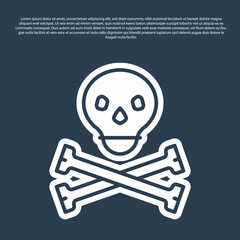 Blue line Skull on crossbones icon isolated on blue background. Happy Halloween party. Vector