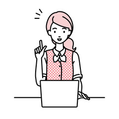 デスクで座ってPCを開いて何かひらめいた事務員制服の女性