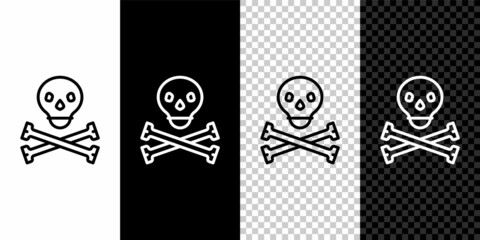 Set line Skull on crossbones icon isolated on black and white, transparent background. Happy Halloween party. Vector