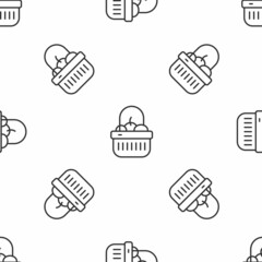 Grey line Shopping basket and food icon isolated seamless pattern on white background. Food store, supermarket. Vector