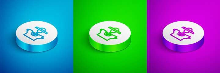 Isometric line Scarecrow icon isolated on blue, green and purple background. White circle button. Vector