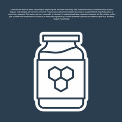 Blue line Jar of honey icon isolated on blue background. Food bank. Sweet natural food symbol. Vector