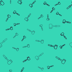 Black line Kitchen hammer icon isolated seamless pattern on green background. Meat hammer. Vector