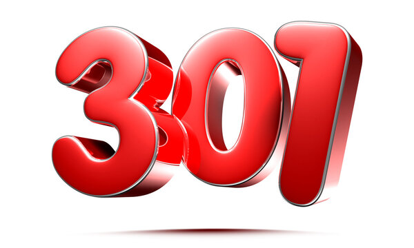Rounded red numbers 301 on white background 3D illustration with clipping path.