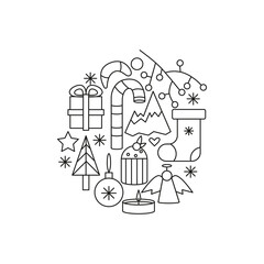 christmas concept. hand drawn doodle element for christmas in circle shape outline. gift, candy cane, angel, muffin, pine tree, sock, candle. isolated vector illustration on white background