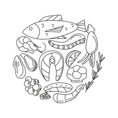 hand drawn doodle seafood outline elements in circle shape. salmon fish, salmon steak and fillet, shrimp, oyster, squid, octopus tentacle, red and black caviar, lemon. isolated vector