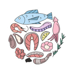 hand drawn doodle seafood elements in circle shape. salmon fish, salmon steak and fillet, shrimp, oyster, squid, octopus tentacle, red and black caviar, lemon. isolated vector