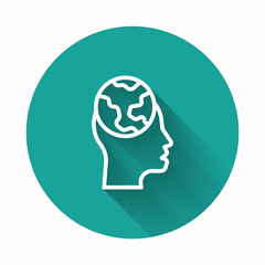 White line Learning foreign languages icon isolated with long shadow background. Translation, language interpreter and communication. Green circle button. Vector