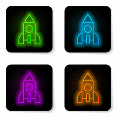Glowing neon line Rocket ship toy icon isolated on white background. Space travel. Black square button. Vector