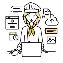デスクで座ってPCでプロジェクトやタスクの管理の仕事をしている調理師の女性