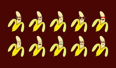 Colorful Banana Cartoon with Various Expressions Set