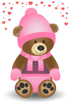Little teddy bear vector. Teddy bear in a pink suit on a white background with hearts