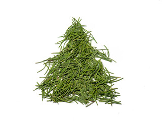 Christmas tree made of Christmas tree needles on a white background.