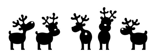 Silhouettes of cartoon reindeer isolated on white. Set of reindeers icons for design use. © Julia