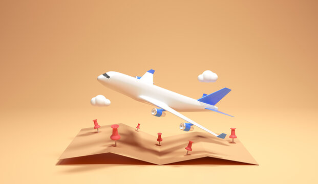 Travel concept 3d illustration, Airplane flying over the map pin.