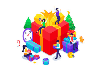 Happy People celebrate the New year with gift boxes, Christmas tree decorations. Happy New year design concept. Isometric Vector Illustration