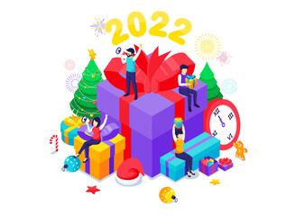 People celebrate the New year near huge gift boxes, Christmas tree decorations, and fireworks. Merry Christmas and Happy New year design concept. Isometric Vector Illustration