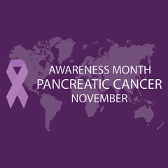 Vector illustration, Purple Ribbon and World Map, as banner or poster, World Pancreatic Cancer Day is celebrated on the third Thursday of November.