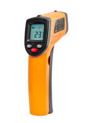 Yellow Infrared thermometer gun used to measure temperature on white background