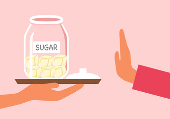Woman gesture hand refuse to sweet in flat design. Sugar free. No sugar concept. - obrazy, fototapety, plakaty