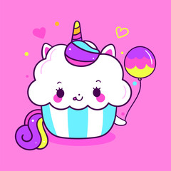 Obraz na płótnie Canvas Unicorn themed cute cake character vector