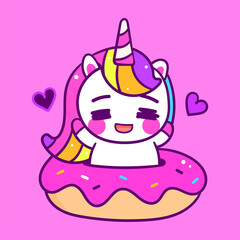 Vector cute unicorn character with donut