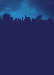 Dark blue silhouettes of the New York City skyline buildings contrast against an empty sky background