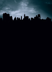 Silhouettes of New York City skyline buildings with dark swirling storm clouds overhead and empty...