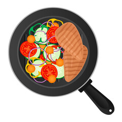 chicken breast and vegetables in frying pan