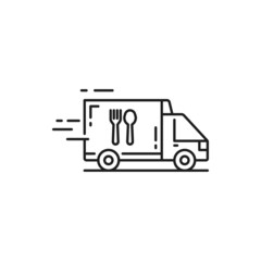 Food delivery truck van isolated flat line art icon. Vector quick express deliver transport, fastfood shipping services and fast online order, linear sign. Hot dinners and lunches shipping services