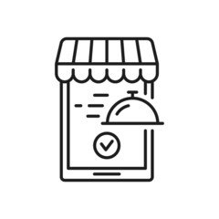Express lunch delivery, online orders mobile application in smartphone isolated outline line art icon. Vector fast online food shipping services, takeaway takeout meal, cafe restaurant order accepted