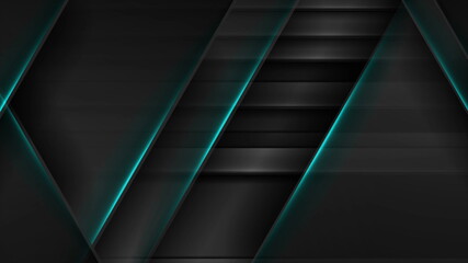 Futuristic black technology background with cyan neon lines