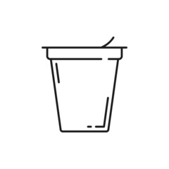 Yougurt in plastic cup probiotics supplement for maintaining healthy balance of gut bacteria isolated outline icon. Vector immune and digestive health prebiotics in bottle package, thin line packaging