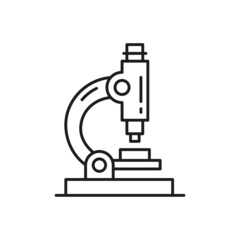 Microscope isolated research equipment thin line icon. Vector optical microscope magnification lab search tool. Biotechnology and microbiology, optic medical science instrument to investigate bacteria