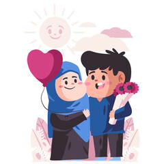 Romantic moslem couple with blue dress celebrate anniversary, the husband is holding a bouquet of flowers and her wife holds balon cartoon flat color isolated background vector illustration © SriWidiawati