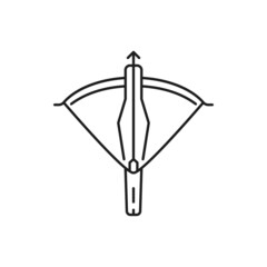Fototapeta na wymiar Crossbow medieval bow Swiss or Switzerland sport symbol isolated thin line icon. Vector arbalest, weapon arblast with optical sight. Hunting sport ammo, archer equipment, , arrow shooting archery gun