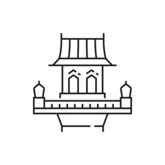 Naklejka premium Retro Thailand building isolated old street house with balcony, thin line icon. Vector oriental landmark, asian structure, Thai, Vietnam or China architecture. Asian facade exterior of pavilion pagoda