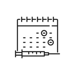Coronavirus vaccination schedule, calendar with two marked dates isolated thin line icon. Vector time to vaccinate, syringe injection, immunization. Health care protection, medical treatment, pandemia