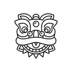 Chinese lion dancer head isolated thin line icon. Vector foo dog portrait, ancient traditional monster from China, face mask to dance on Chinese New Year lunar holiday. Tattoo design element